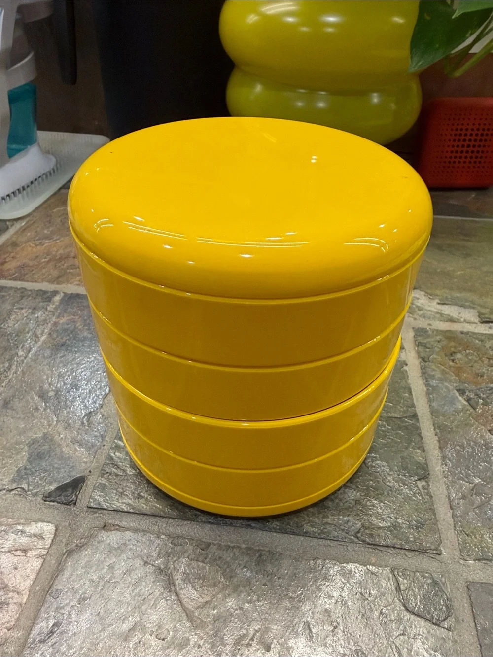 Vintage MCM Inter Design bright yellow swivel jewelry caddy